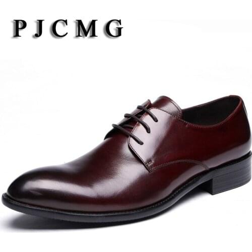 PJCMG Spring/Autumn Men Luxury Black/Red Genuine Leather Dress Wedding Men Pointed Toe Oxford Lace-Up Formal Male Office Shoes