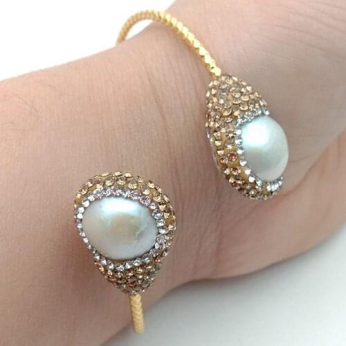 YYGEM Natural Cultured White Nucleated Flameball Baroque Pearl Cz pave Gold color plated Bangle Bracelet for women
