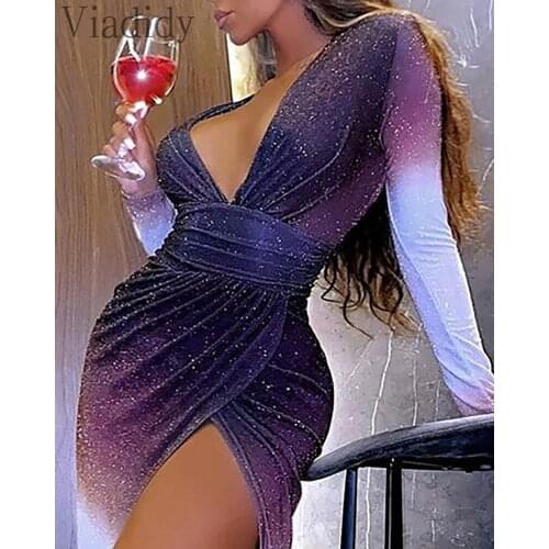 Women Sexy Glitter Long Sleeve Deep V Neck Maxi Party Dress