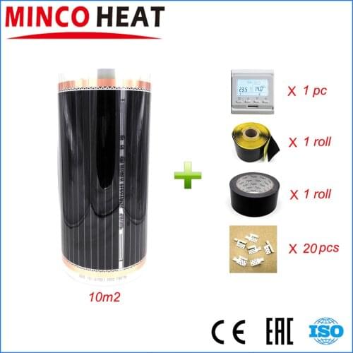 10 Square Meters 220W/sqm Carbon PET Film Infared Carbon Warm Floor Linoleum Heating Film With Thermostats, Clamps, Duct tape