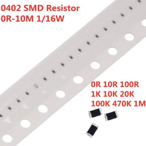 100PCS/LOT 0402 SMD Resistor 0R-10M 1/16W 0 1 10 100 220 330ohm 1K 2.2K 3K 4.7K 5.1K 10K 100K 150K 0R 1R 2.2R 10R 100R 220R 330R