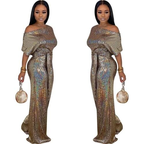 2020 fashion shiny party womens sequined jumpsuits sexy skew collar short sleeve rompers wide leg pants lace-up fashion overall