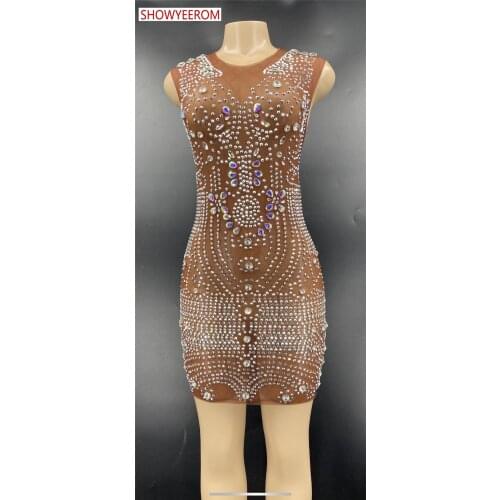 Sparkly Silver Rhinestone Mirror Elastic fabric short Dress Women Birthday Stage play Celebrate Dress Dancer Party Show Dress