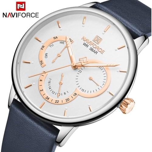 NAVIFORCE Men Watches Fashion Quartz Analog Wrist Watch 12/24H Day and Date Display Leather Waterproof Watch Clock For Men Gifts