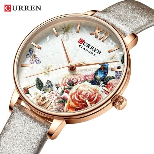 CURREN Beautiful Flower Design Watches Women Fashion Casual Leather Wristwatch Ladies Watch Female Clock Womens Quartz Watch