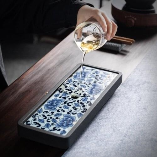 Black Stone Dry Pour Stone Tea Tray Small Stoneware Blue and White Porcelain Embedded Row Water Storage Tea Table Rectangular