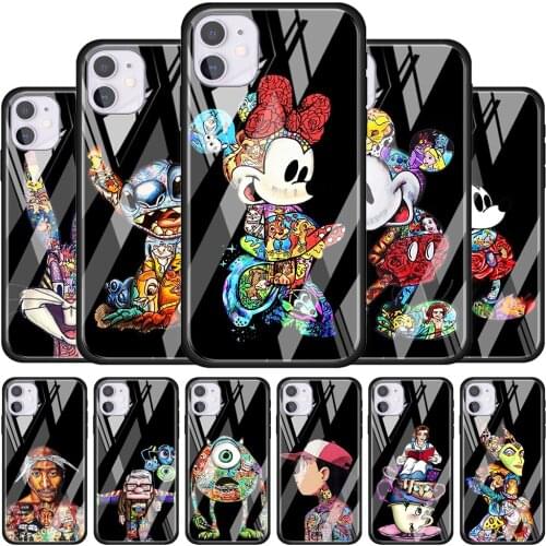 Mickey Tattoo Cartoon for Apple iPhone 12 Pro Max Mini 11 Pro XS Max X XR 6S 6 7 8 Plus Luxury Tempered Glass Phone Case