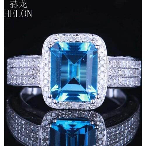 HELON Solid 10K White Gold Emerald 9x7MM 3.3ct 100% Genuine Natural Blue Topaz Natural Diamonds Engagement Wedding Jewelry Ring