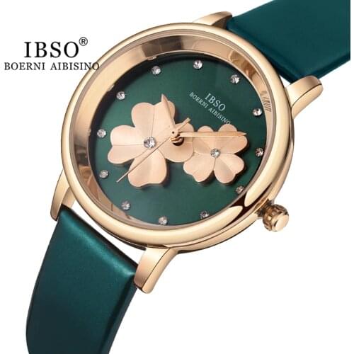 IBSO Clover 3D Luxury Green Womens Watches Rhinestone Dial Stainless Steel/Leather Strap Flower Geneva WristWatch Ladies Gifts