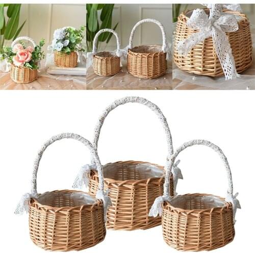 Fresh Rattan Woven Flower Basket Rattan Storage Basket Flower Girl Hand Basket Handmade Flower Basket With Bow