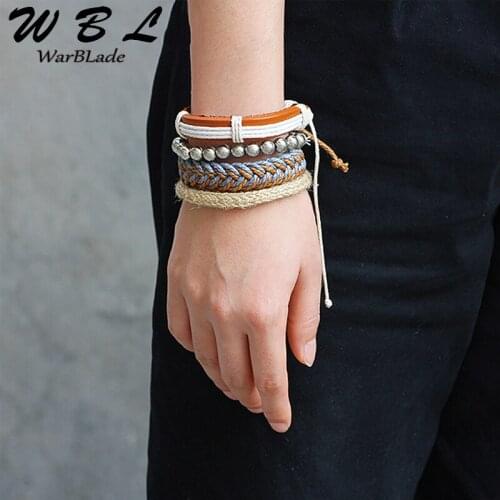 WarBLade 4pcs/Set Leather Braided Men Bracelet Vintage Charm Beads Bracelets Bangle Punk Wrap Wristband For Male Women 2019 Hot