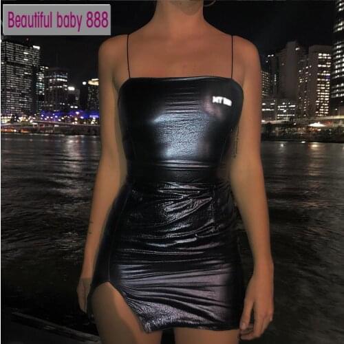 Meqeiss black Leather Reflective Patchwork bodycon dress womens Autumn fashion club party night sexy off shoulder dress mujer