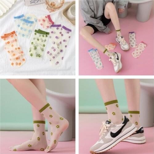 4 pairs Summer new womens card silk straight tube socks thin type air permeability floral glass silk medium tube womens socks