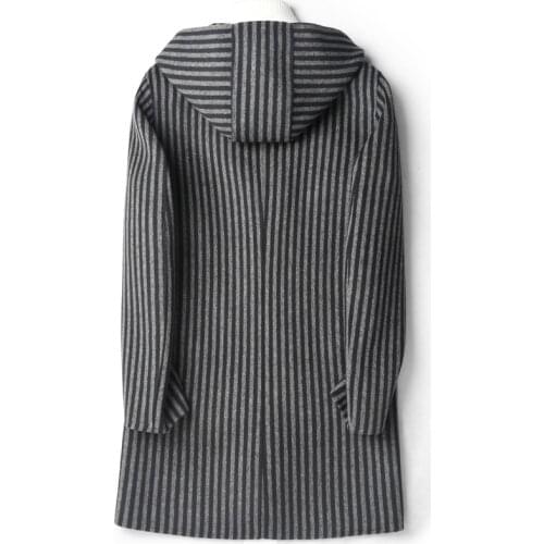 Autumn Winter Double Sided Wool Coats Top Quality Warm Hooded Striped Long Jackets casaco D-04-19525 MF642