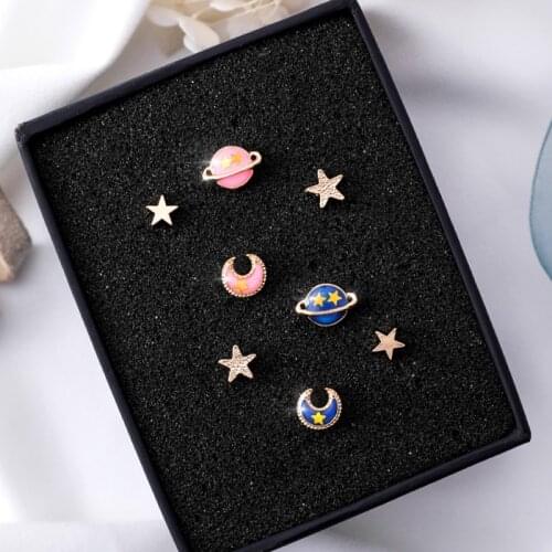 4pcs/set Simple Harajuku Earrings For Women Cute Planet Star Moon Small Stud Earrings Girls Piercing Ear Jewelry Accessories
