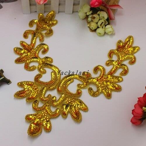 YACKALASI 5 Pcs/Lot Sequined Applique Beaded Flower Costume Crystal Trims 3D Floral Mirror Pair Gold and Silver 37*12cm