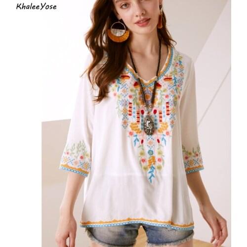 KHALEE YOSE Floral Embroidery Blouses Shirts Vintage Chic Autumn Blouse Top Rayon Plus Size 2xl 3xl Ethnic Hippie Shirt Blouse