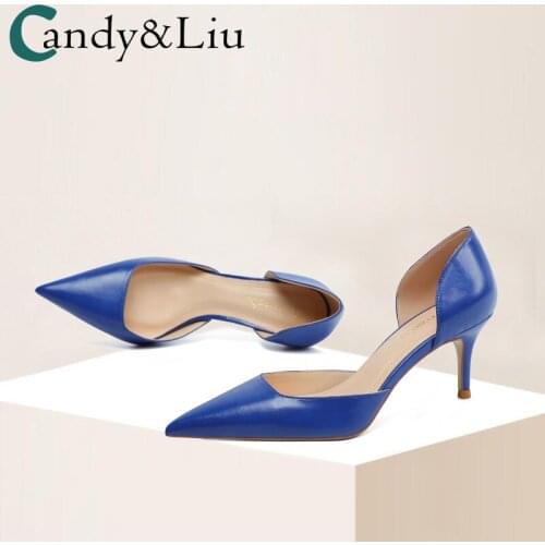 Blue High Heels Womens 2021 New Sexy 6cm Hollow Solid Color Overshoot Leather Middle Heel Pointed Thin Heel Shoes