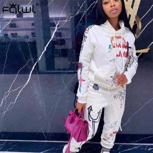 FQLWL Graffiti Streetwear Two 2 Piece Set Women Tracksuit Female White Black Hoodies Pants Women Matching Sets Outfits Sweatsuit