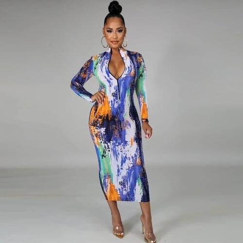 2021Splash Ink Print Skinny Long Dress for Women Full Sleeve Half High Neck Bodycon Dresses Female Summer Clubwear Slim Vestidos