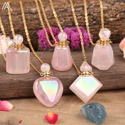 Cut Diamonds Heart Natural Aura Spirit Roses Pink Quartz Perfume Bottle Essential Oil Pendant Gold Chains Necklace Jewelry Women
