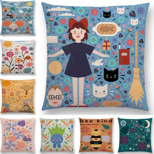 Interesting Prints Throw Pillow Case Animals Flowers Sun Moon Stars Elephant Rabbit Cat Bee Deer Fairy Cushion Cover Sofa