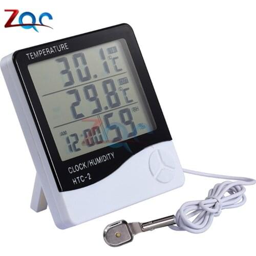 HTC-2 LCD Digital Thermometer Hygrometer Weather Station Temperature Humidity Meter Clock Room Wall Indoor Outdoor Sensor Probe