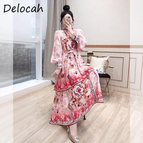 Delocah New 2021 Autumn Women Fashion Runway Party Long Dress Lantern Sleeve Gorgeous Crystal Beading Print Ladies A-Line Dress
