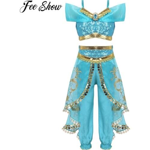 Children Girls Princess Jasmine Clothes Halloween Party for Kids Childrens Set Jasmine Top Pants Cosplay Costume for Dress Up