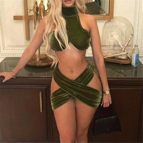 DSMTRC Matching Sets For Women Skirt Summer 2021 Corduroy Turtleneck Tank Top+Criss Cross Micro Mini Skirts Vogue Two Piece Sets