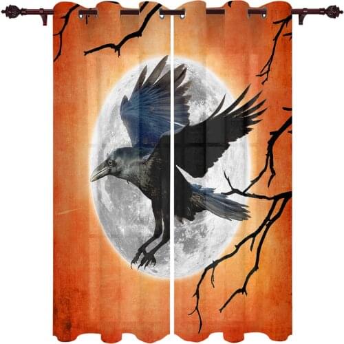 Halloween Moon Crow Branch Window Curtains Kitchen Bedroom Drapes Home Decor Luxury Living Room Backdrop Curtain