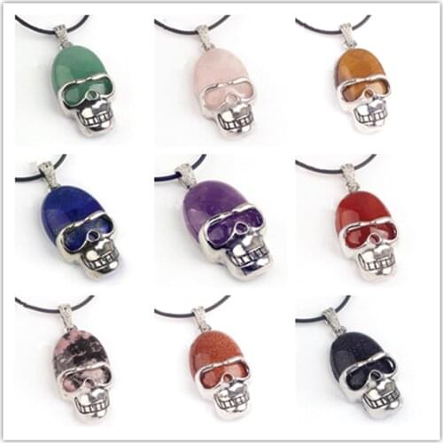 KFT Silver Plated Natural Crystal Quartz Reiki Lapis Lazuli Skeleton Head Stone Skull Pendant For Women Men Halloween Gift
