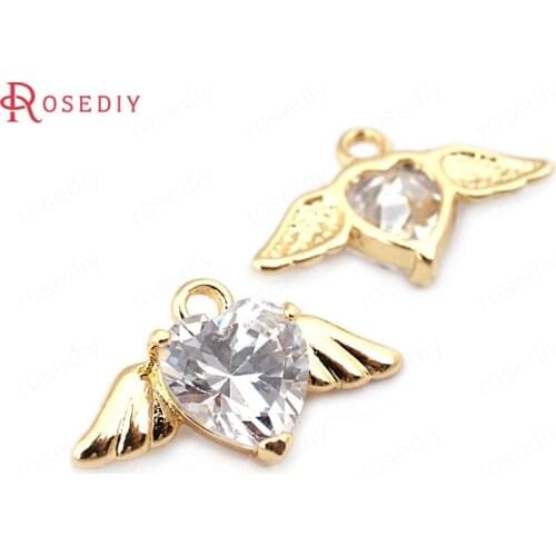 33676)6PCS 19*11MM 24K Gold Color Brass with Zircon Heart Wings Charms Pendants High Quality Diy Jewelry Findings Accessories