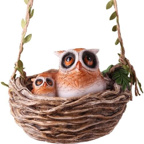 Cute Owl Pendant Garden Courtyard Birds Nest Hanging Bracket Home Desktop Decoration Simulation Animal Resin Decorations