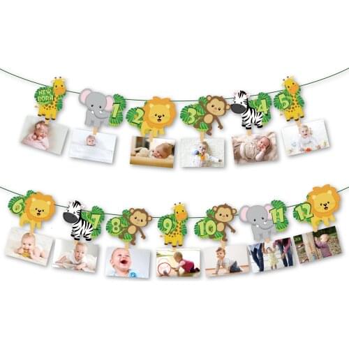 Cartoon Jungle Animals Theme Baby Shower DIY Photos Display Hanging Banner Party Decoration Kids Happy Birthday Party Supplies