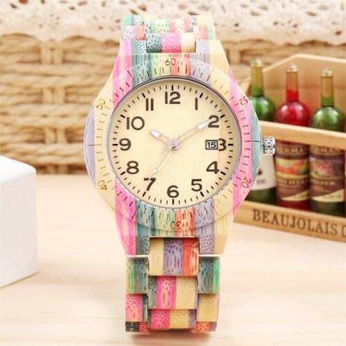 Arabic Numerals Round Dial Mens Colorful Bamboo Wooden Watch Band Wrist Watch Quartz Trendy Mens Wood Timepiece