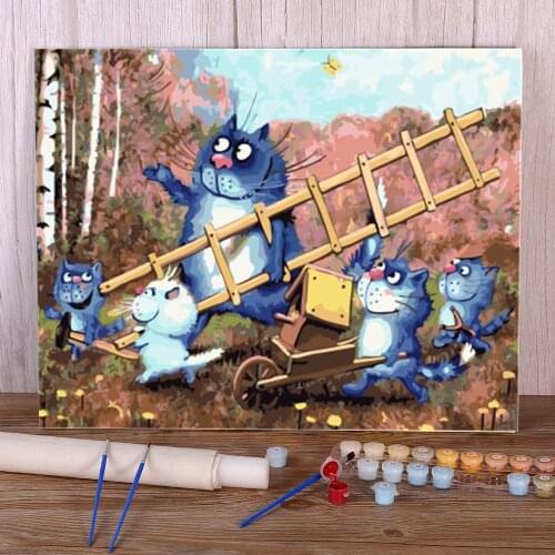 Cartoon Blue White Cat Paint By Numbers Complete Kit Oil Paints 40*50 Painting On Canvas Handmade For Kids Handiwork