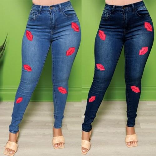 New Slim Plus Size Jeans Women High Waist Big Red Lip Pencil Pants