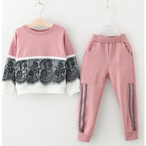 Oklady Child Girls Clothes Set New Autumn Lace Patch Sweatshirt Tops+Letter Pants Girls Casual Sport Wear Tracksuit Suit 3-7Y