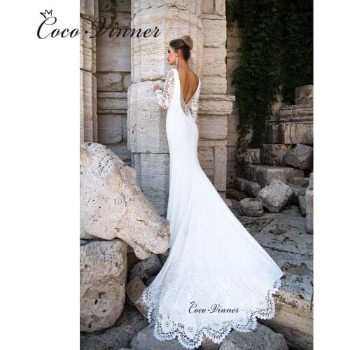 See-through Embroidery Long Sleeves Mermaid Wedding Dresses Backless Simple Pure White Court Train European Stylishi W0615