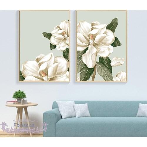Nordic White Floral Green Leaves Canvas Painting Minimalist Botanical Poster Wall Art Print Pictures Modern Home Decoration