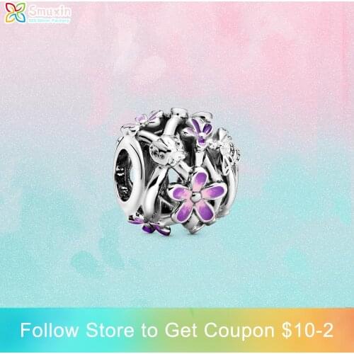 Smuxin 925 Sterling Silver Openwork Purple Daisy Charm fit Original Pandora Bracelets for Women Jewelry Making Girl DIY Jewelry
