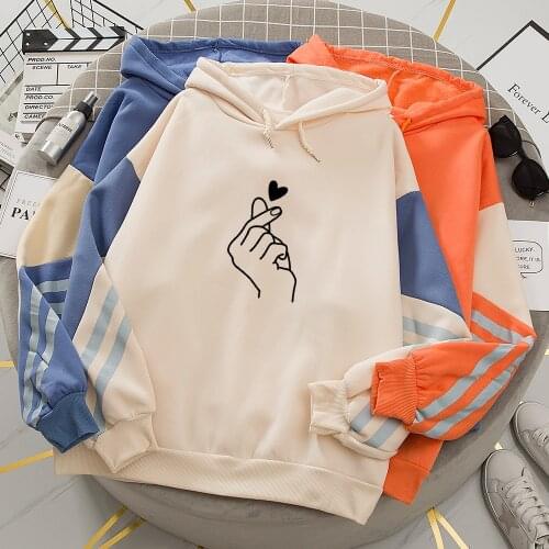 Autumn Winter Hoodies Love Heart Gesture Print Fashion Sweatshirt Female Hoody Funny Contrast Color Patchwork Fleece Pullover