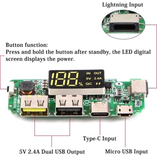 USB 2.4A Mobile Power Bank Charging Module Lithium Battery LED Dual USB 5V 2.4A Micro/Type-C USB Charger Board