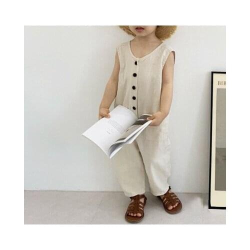 Korean boys' summer tide model girl cute small button-down jumpsuit casual pants kids clothing