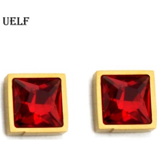Uelf Luxury Female Red Square Stud Earrings Fashion Stainless Steel Wedding Jewelry Crystal Zircon Earrings For Women