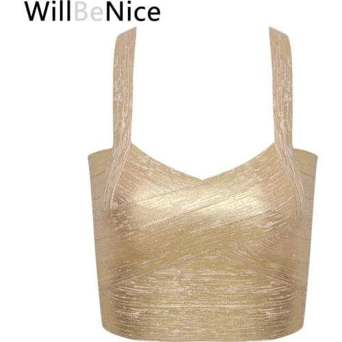 WillBeNice 2019 Autumn Sexy Gold Silver Women Bandage Top Spaghetti Strap Bandage V Neck Vest Tank Top Knitted Bandage Club Vest
