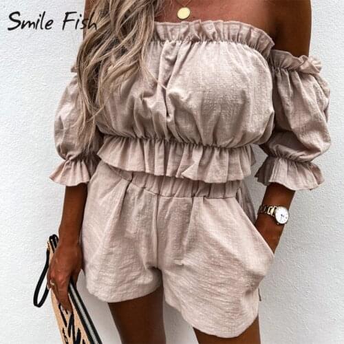 Women New Soft Crop Tops and Shorts Outwear Summer Two Piece Sets Slash Neck Homewear Ruffles Beach Sets Sexy Matching Set G2757