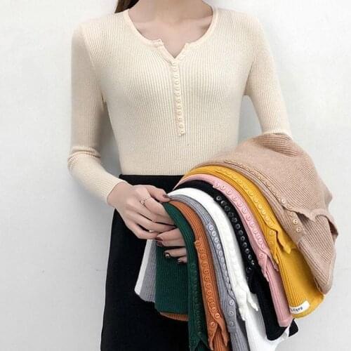 Lucyever Chic Women Pullover Sweater Autumn Long Sleeve Button Sexy V Neck Knitted Jumper Slim Korean Female Basice Top 2020