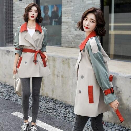 Spring Autumn 2020 Korean Version Woman Trench Fashion Patchwork Loose Belt Double Breasted Overcoat Ladies Elegant Trench Coat